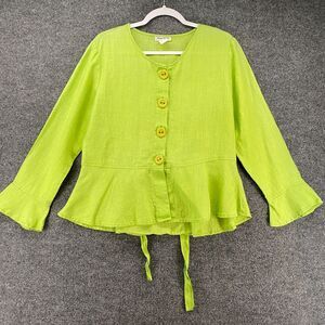 Design Todays Top Womens S Linen Green Button‎ Up Back Tie Coastal Resort Hippie